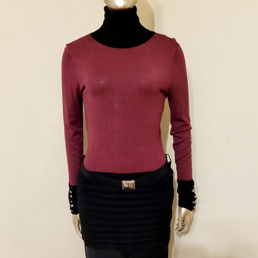 NWOT VENUS Colorblock Sophisticated High Neck Long Belted Sweater Top Sz M - Picture 6 of 12